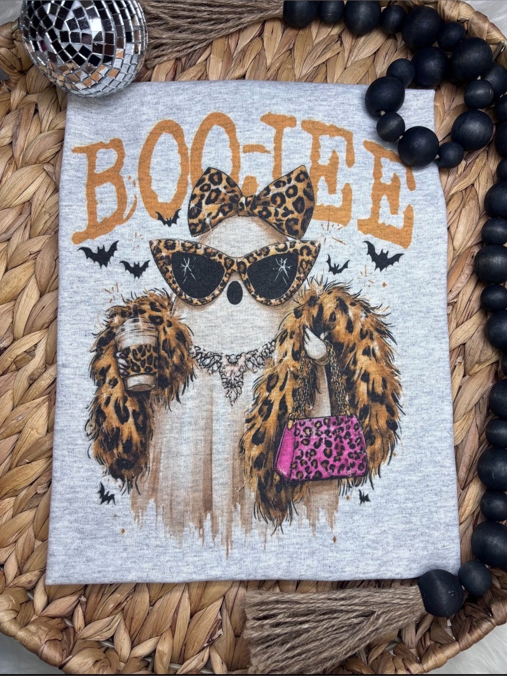 Glitz glam boujee ghost Halloween rhinestone necklace graphic tunic top tee top